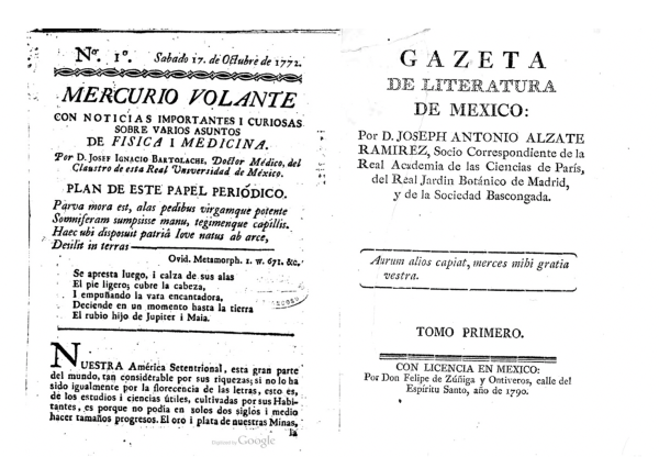 Front pages of first issues of Mercurio voltane and Gazeta de literatura de Mexico