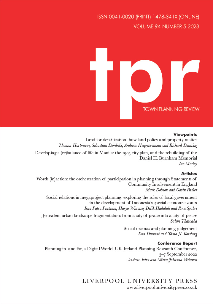 Town Planning Review journal cover. Red block of colour at the top with 'TPR' and white block of colour with the journal's contents listed in the middle.