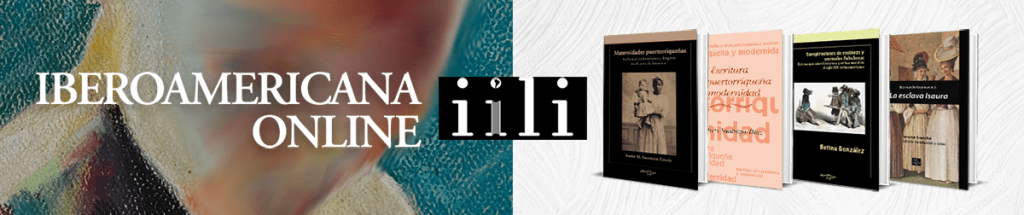 Banner image for Iberoamericana Online, with white text overlaying a painting of a face, with four books next to it. 
