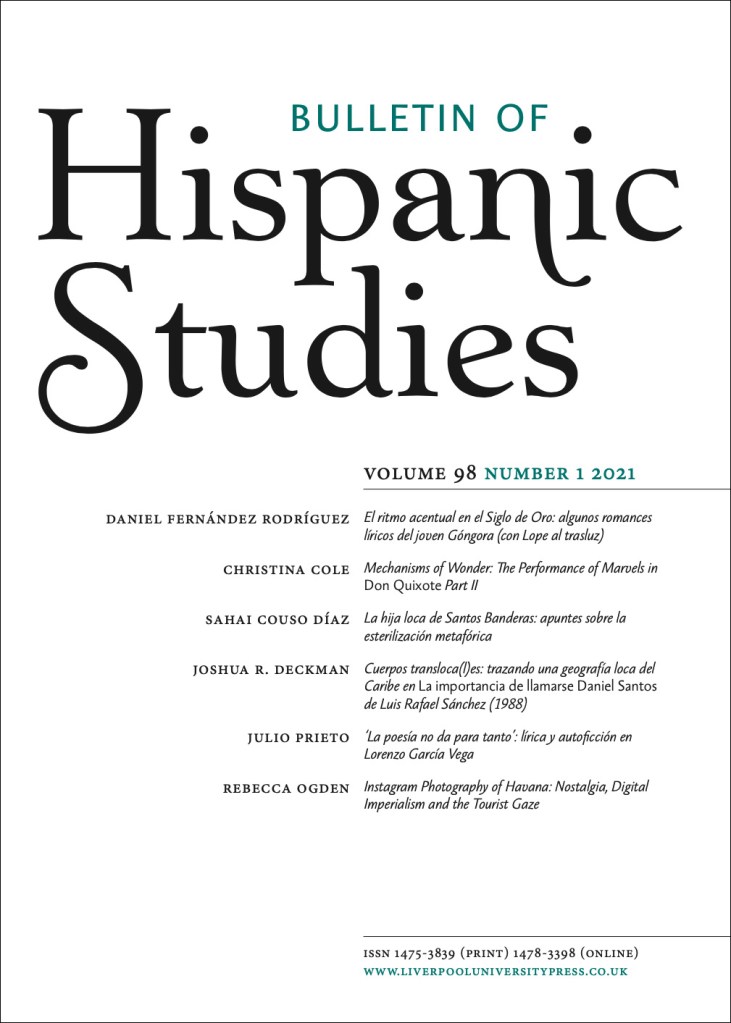 Journal cover for Bulletin of Hispanic Studies Volume 98, issue 1 2021. White cover with black and teal text in a decorative font.