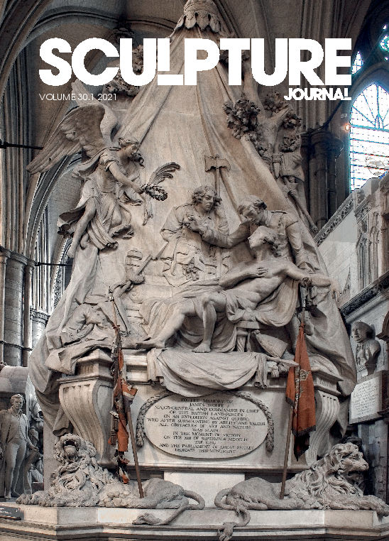 Journal cover for Sculpture Journal. Featuring an image of a large ornate stone statue inside of what looks like a cathedral. Bold chunky white text for the journal's title overlayed.