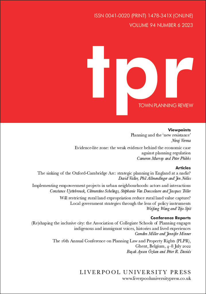 Journal cover for Town Planning Review. Bright red block of colour with blocky white font reading 'tpr'. Table of contents listed on a white background.