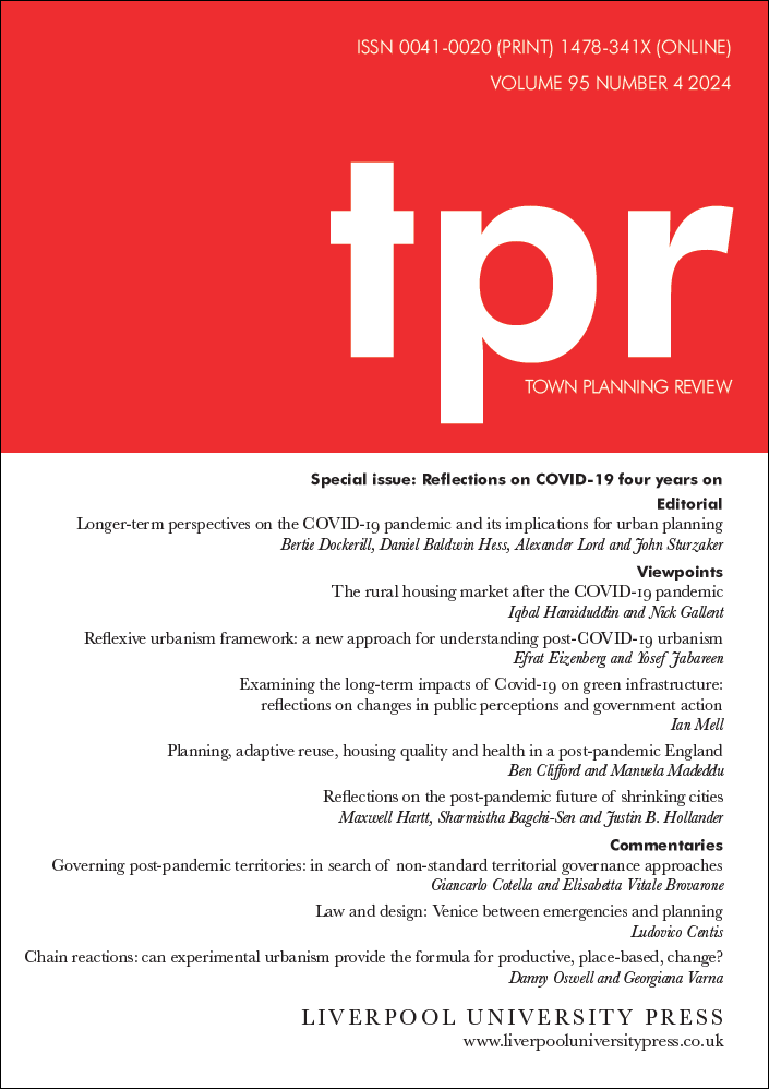 Town Planning Review journal cover. Bright red block of colour on the top third with blocky white text 'TPR'. Below this the cover is white and includes a list of the table of contents in the issue. 