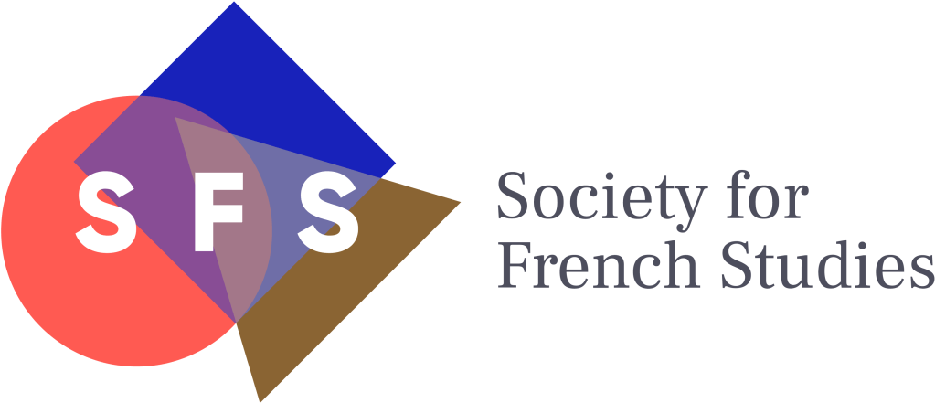 Society for French Studies logo. Overlapping circle in a pink orange, a blue square, and a gold triangle creating a purple and grey colour where the shapes overlap with 'SFS' overlaid in a clean white font. 'Society of French Studies' sits alongside to the right in a classic medium grey font.