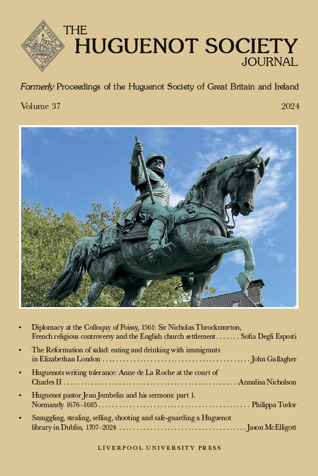 Journal cover for 'The Huguenot Society Journal'. A photograph of a bronze statue of a man in historical clothing riding on top of a horse with clear blue sky behind him sits in the centre of the cover. The man is wearing a neck ruff and a tall hat and holding a pole in his hand. The background sitting behind the photographic image is pale gold and the font for the journal title is a classical stylised font in a warm black.