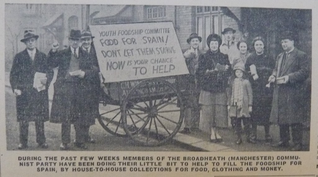 A black-and-white image featuring members of the Broadheath (Manchester) Communist Party standing next to a wagon with a sign that reads, "Youth Foodship Committee: Food for Spain! Don't let them starve. Now is your chance to help." The group consists of men, women, and children holding donation items and smiling for the camera.