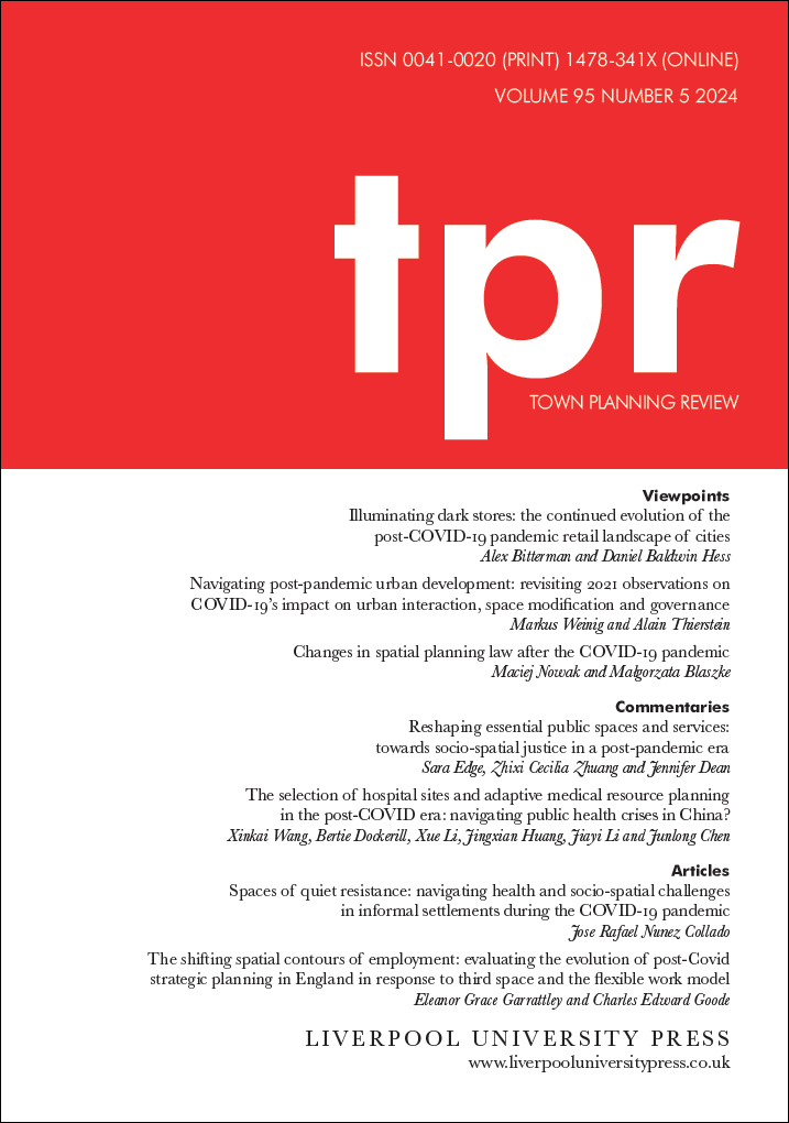 Journal cover for Town Planning Review. Bright red block of colour sits in the top third with the letters 'tpr' in blocky lowercase font. The rest of the cover is a fresh white with the table of contents listed in small black font.