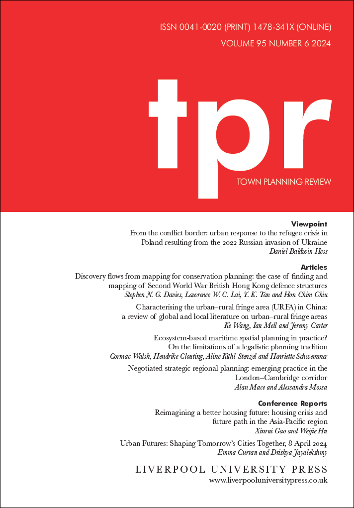 Journal cover 'Town Planning Review'. Bright red colour block sits in the top third of the cover with the letters 'tpr' in a lowercase white blocky font. The rest of the cover is white with the table of contents in small black printed listed down the front. 