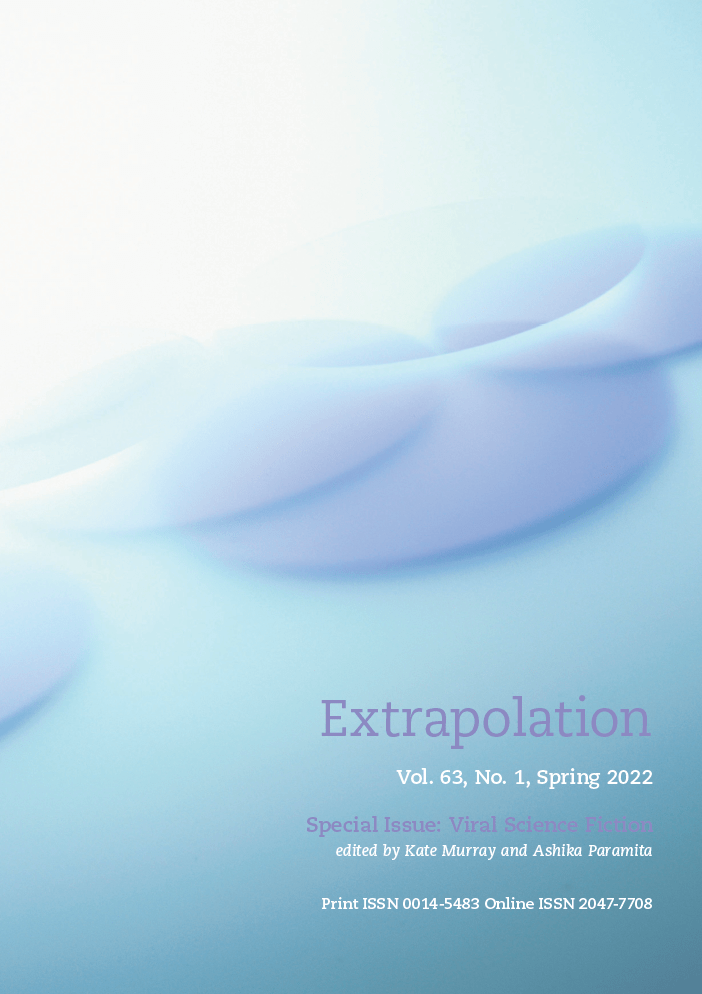Extrapolation journal cover. The cover features an abstract image of a faded purple cell like structure laying on top of a hazy blue background. Journal title is also in a faded purple with small white font underneath with the volume number. 