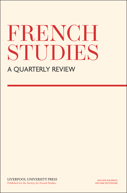 French Studies: A Quarterly Review, journal cover. The cover is a warm creamy colour with the title of the journal and capital letters in a bright red font with 'A Quarterly Review' below the title in a smaller black font. A red line runs underneath the title. Liverpool University Press, published for the Society for French Studies sits at the bottom left in a small font. 