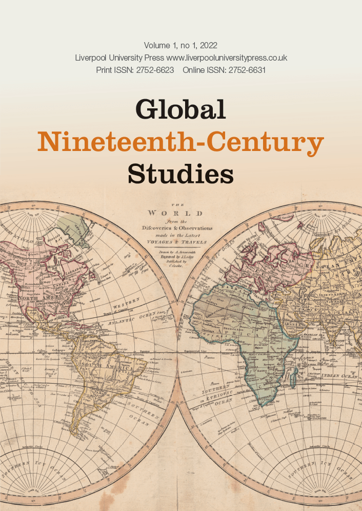 Global Nineteenth-Century Studies journal cover. The cover background is a faded pale orange with two illustrations of the globe overlapping and interlinking. The globes have watercolour touches of purple, orange and green outlining the countries. The design of the cover includes staining to present and aged look.