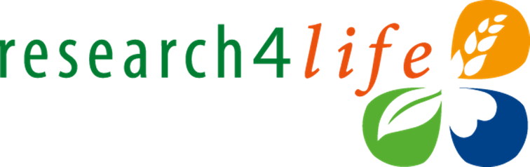 Research4Life logo featuring three leaves in blue, green, and orange each with a different outline of a crop or plant inside. 