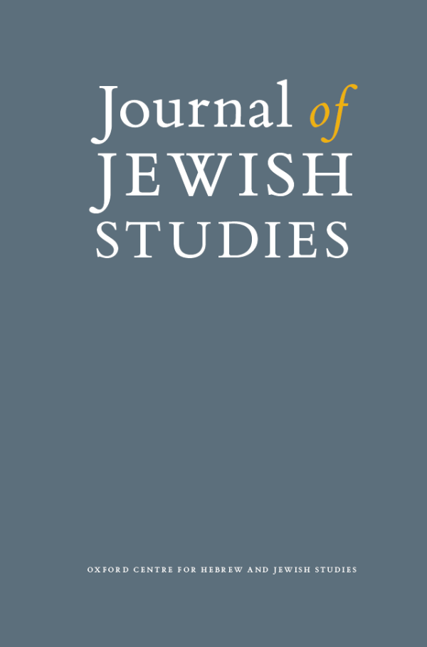 Journal of Jewish Studies journal cover. The background is a rich grey with the title of the journal in a fresh white font with a golden yellow colour used on the 'of' in the title. Oxford Centre for Hebrew and Jewish Studies written in small white font at the bottom of the cover.