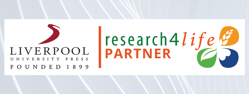Liverpool University Press logo  sits next to the Research4Life partner logo overlaid on a background image of curving white lines on a soft grey background. 