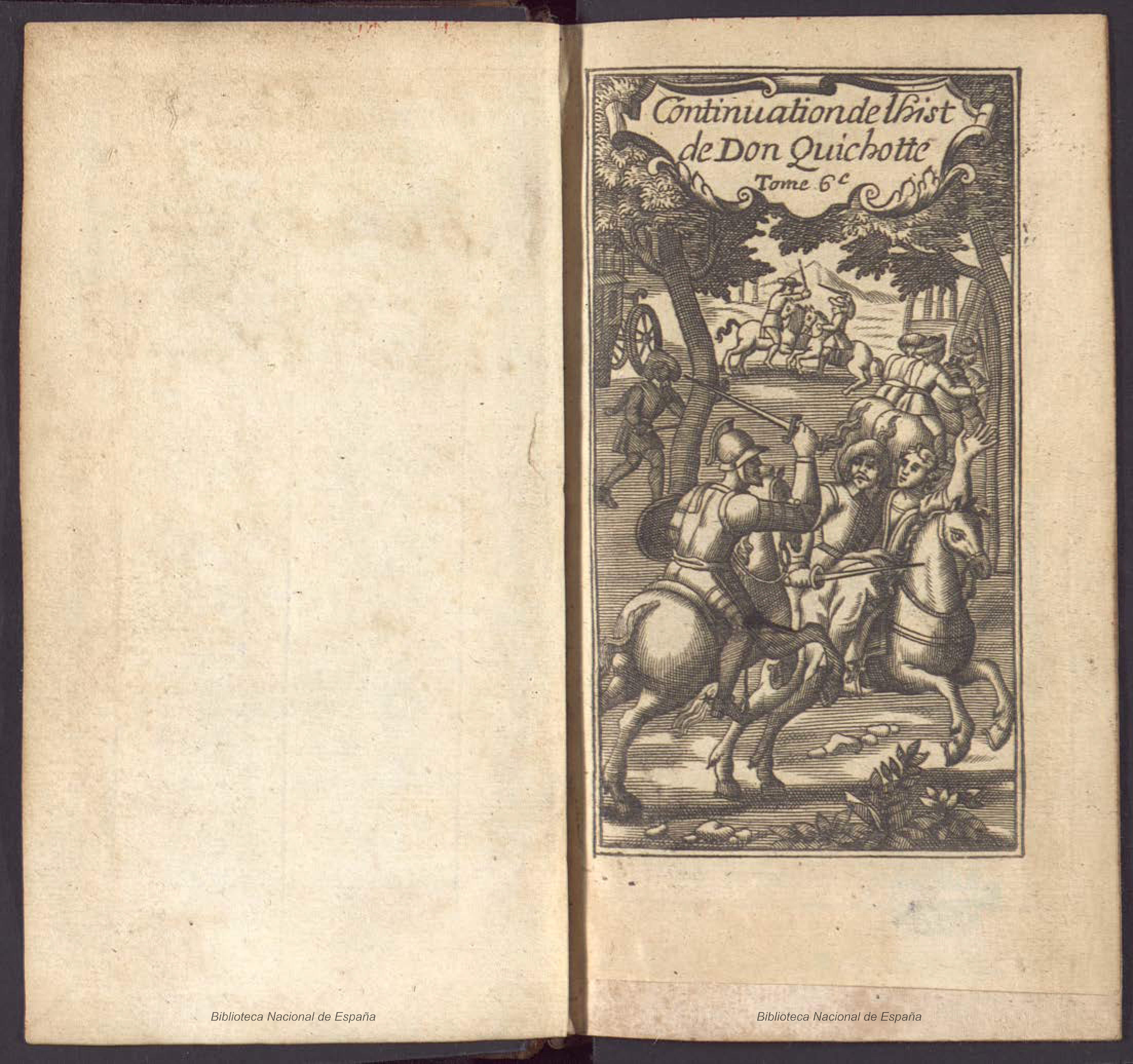 A black-and-white engraved illustration from an old book titled "Continuation de l’histoire de Don Quichotte. Tome 6e." The image depicts an action scene with armored horsemen in combat. In the foreground, a mounted soldier raises his weapon toward another rider, who looks distressed. In the background, more figures on horseback engage in battle under trees. The page includes decorative borders and the book's title in an ornate banner at the top. A watermark from the Biblioteca Nacional de España is visible.