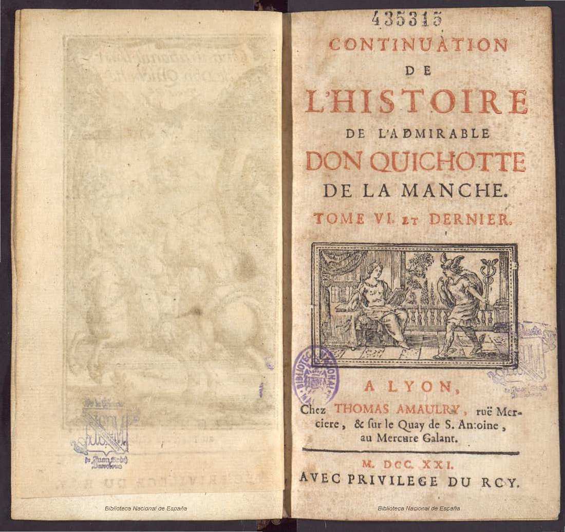 Illustration with the title "Continuation de l’histoire de Don Quichotte. Tome 6e," which translates from French to "Continuation of the History of Don Quixote. Volume 6."