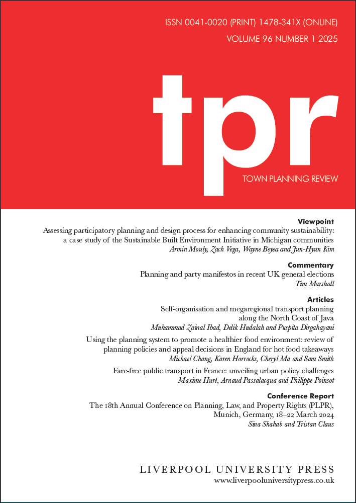 Cover for journal Town Planning Review. The cover features a bright red block of colour in the top third and the letters 'tpr' in lowercase white font. The remainder of the cover is white with small black text showing the table of content. 