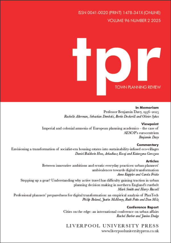 Journal cover for Town Planning Review. The design features a bright red block of colour in the top third and the letters 'tpr' in lowercase white font. The remainder of the cover is white with small black text showing the table of content