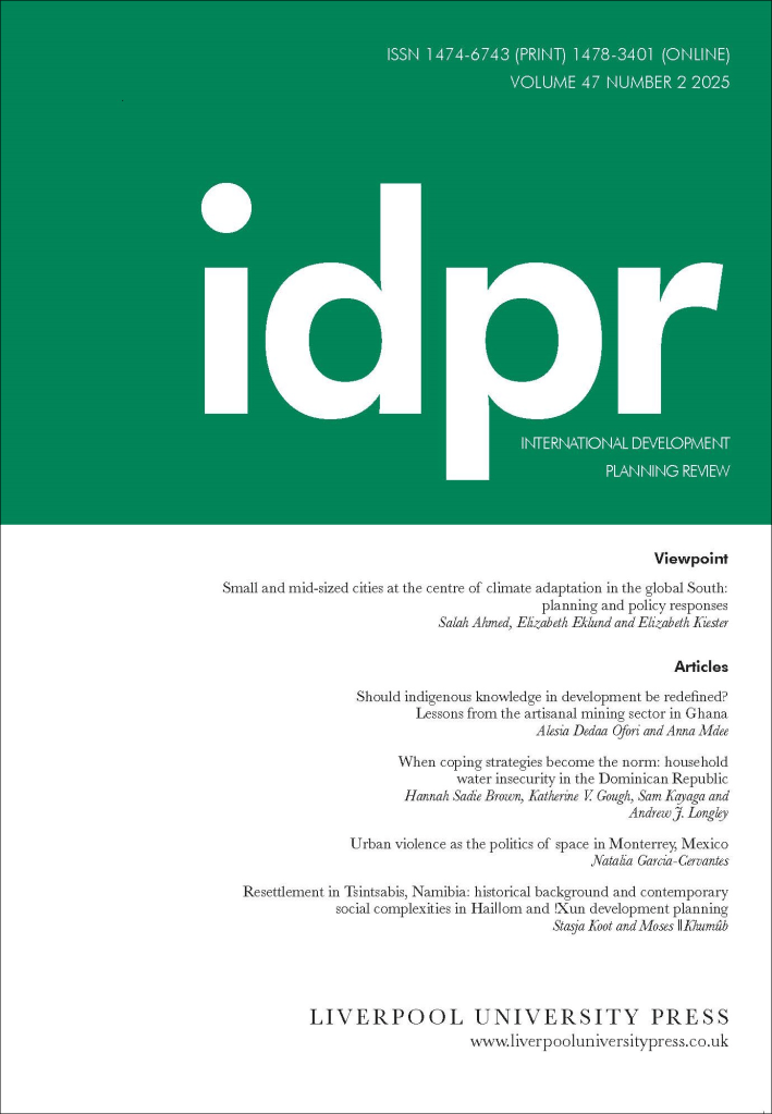 Cover for the journal 'International Development Planning Review'. The top third of the cover is a bright primary green, the letters 'idpr' are overlaid in a blocky white lowercase font. The rest of the cover is white and features the table of contents for the issue in a small black font. 
