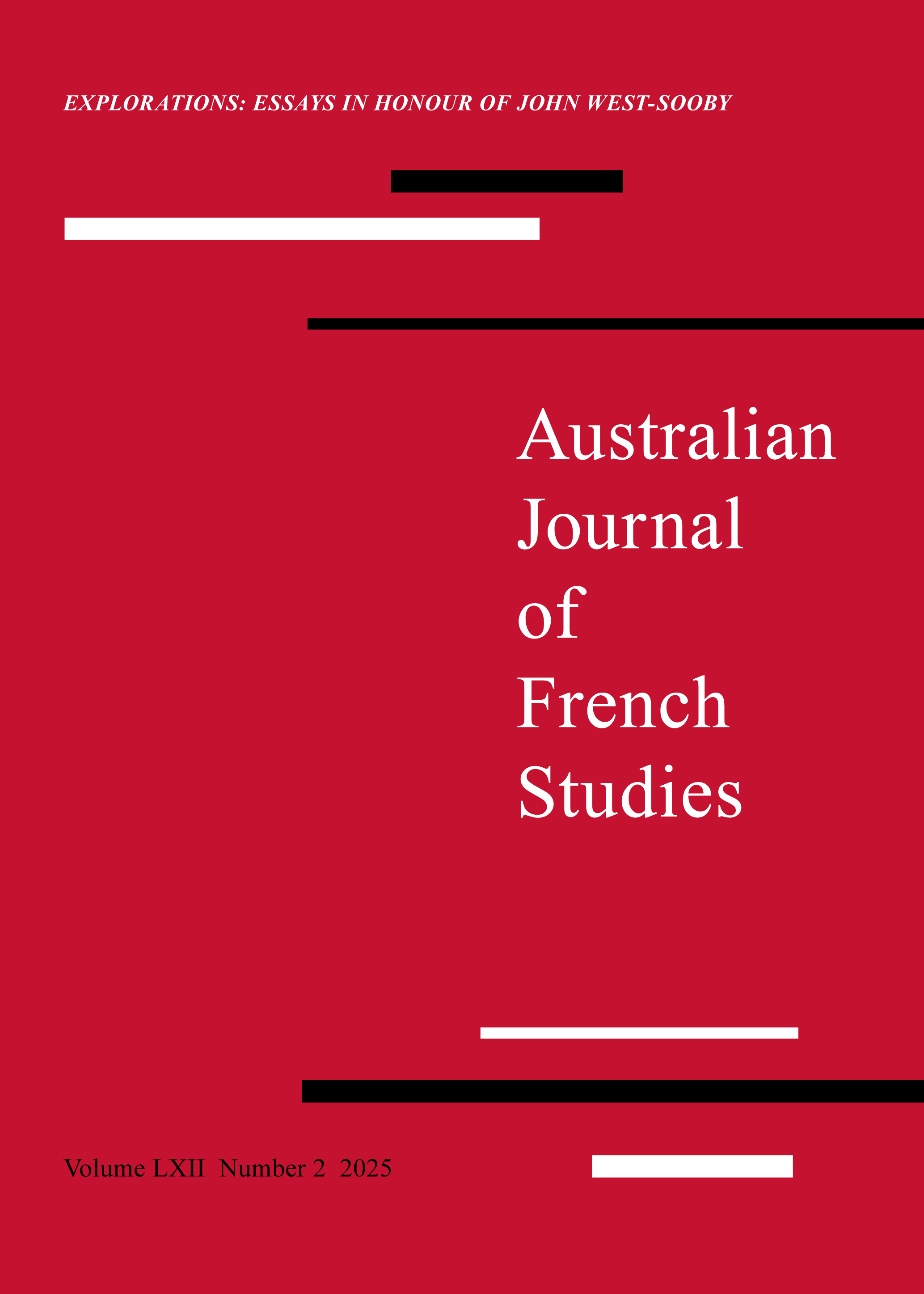 Cover of the Australian Journal of French Studies. The design is red with black and white horizontal bars. Journal title is printed in large white text aligned to the right.