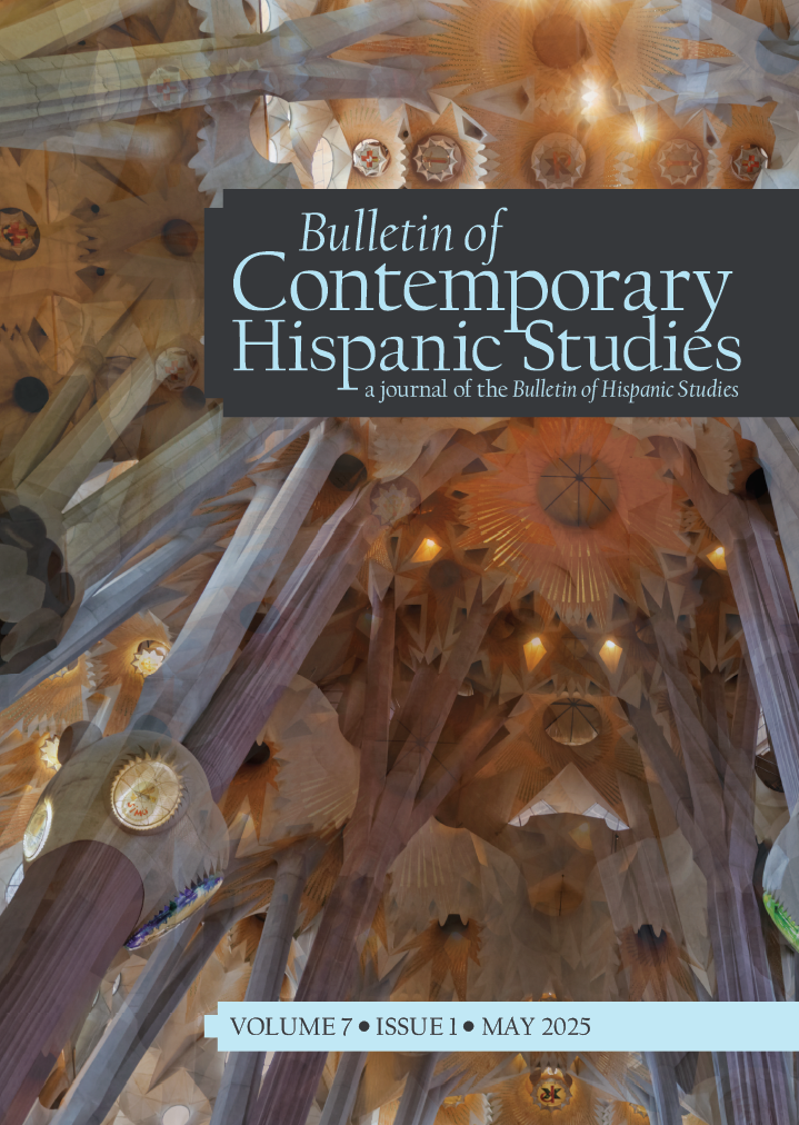 Cover of the Bulletin of Contemporary Hispanic Studies, a journal of the Bulletin of Hispanic Studies. The design features a photograph of the intricate ceiling and columns inside the Sagrada Família basilica in Barcelona, with geometric stone patterns and warm lighting.