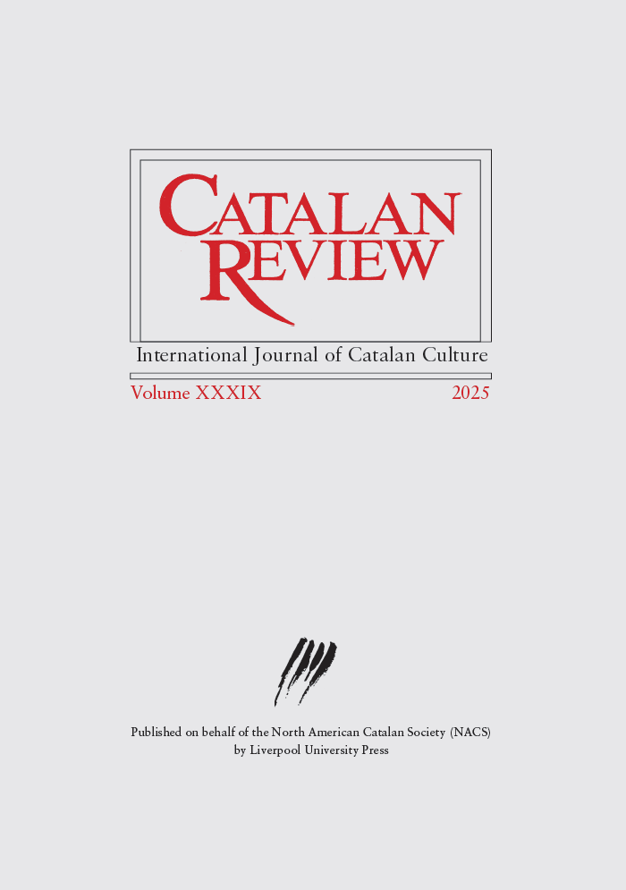 Cover of Catalan Review: International Journal of Catalan Culture. The title is in large red serif font within a thin grey box at the top, with the subtitle in black below. At the bottom is a small black brushstroke-style emblem. Text notes the journal is published on behalf of the North American Catalan Society (NACS) by Liverpool University Press.
