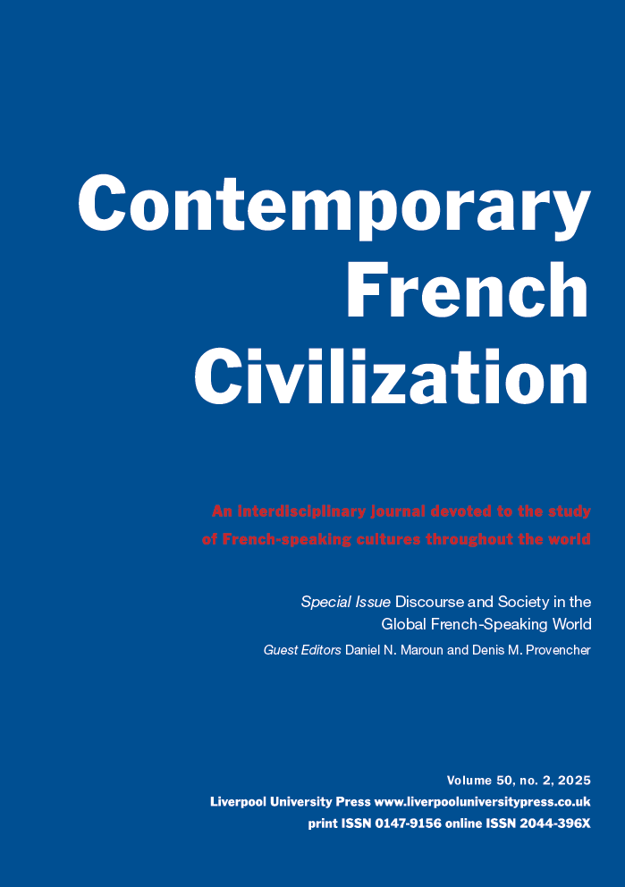 Cover of Contemporary French Civilization. The background is dark blue with the title in large bold white text. Subheading in red reads: ‘An interdisciplinary journal devoted to the study of French-speaking cultures throughout the world’. Published by Liverpool University Press.