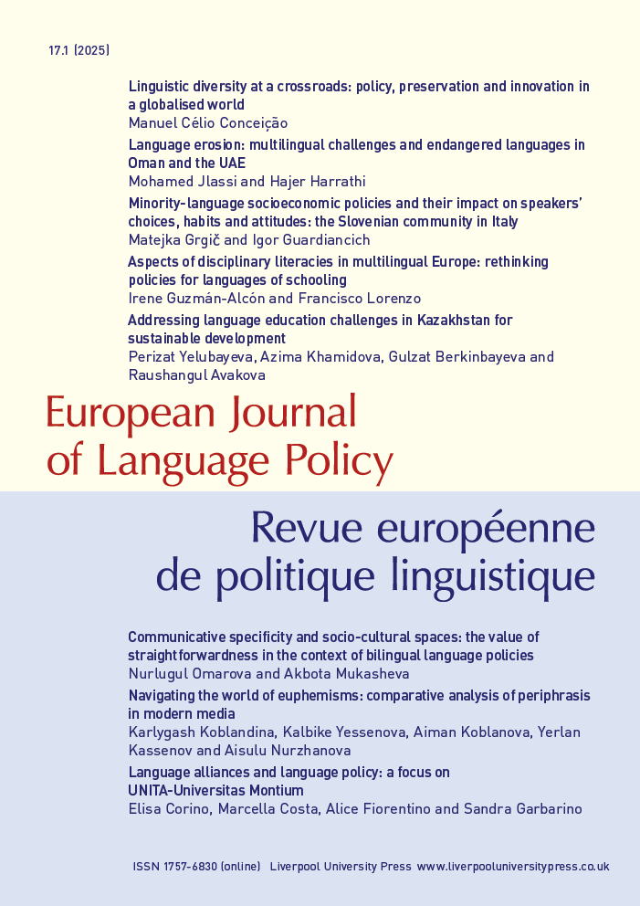 Cover of the European Journal of Language Policy / Revue européenne de politique linguistique. The top half is cream with article titles and authors listed. The lower half is light blue with additional article listings. Published by Liverpool University Press.