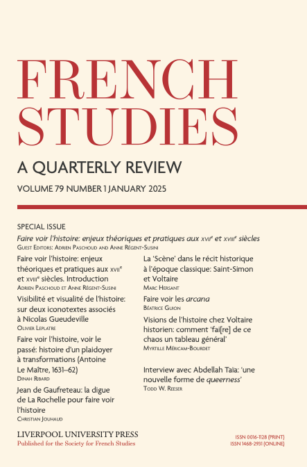 Cover of French Studies: A Quarterly Review. The title appears in large red text on a cream background with a red divider line. The cover lists article titles and authors. Published by Liverpool University Press for the Society for French Studies.