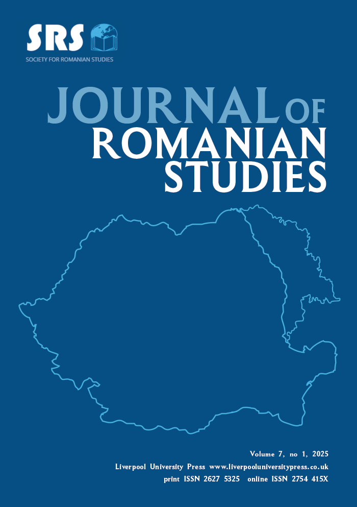 Cover of the Journal of Romanian Studies. Dark blue background with the journal title in large light blue and white text. At the top left is the Society for Romanian Studies (SRS) logo. The central image is a light blue outline map of Romania. Published by Liverpool University Press. 