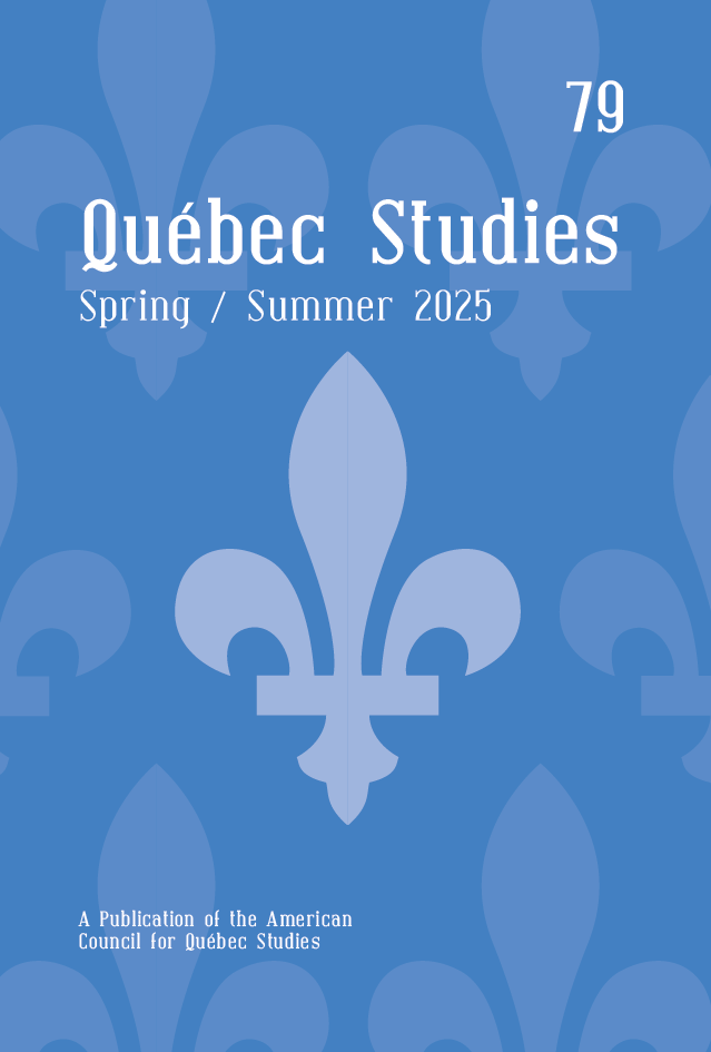 Cover of Québec Studies. The background is light blue with a repeating fleur-de-lis pattern. The journal title appears in large white text at the centre, with the issue number at the top right. Text at the bottom reads: ‘A Publication of the American Council for Québec Studies’. 