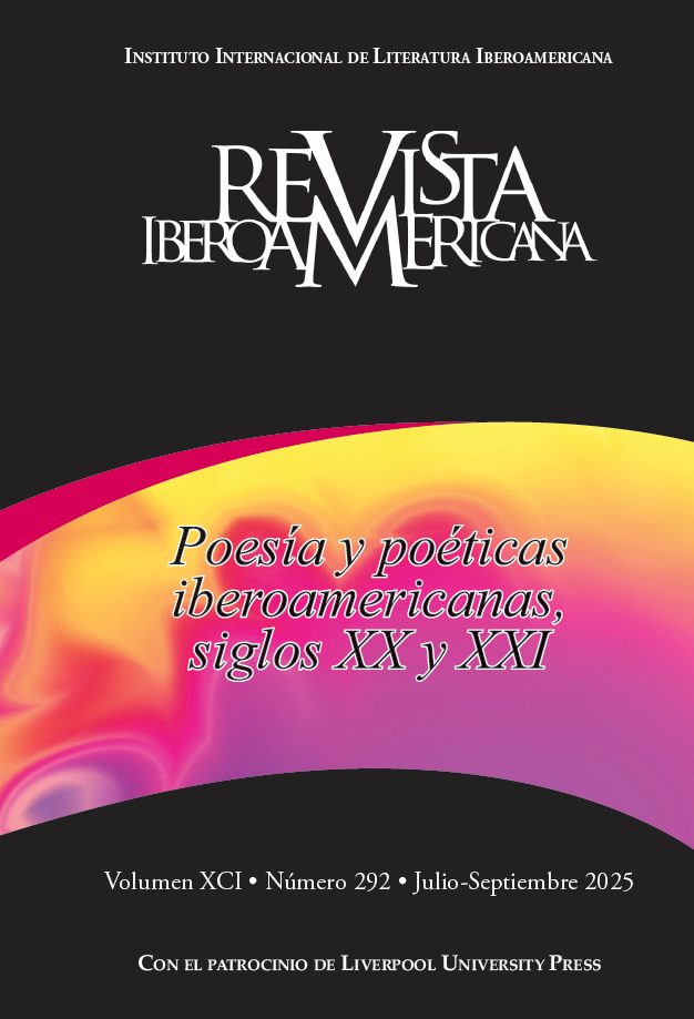 Cover of Revista Iberoamericana, published by the Instituto Internacional de Literatura Iberoamericana. The design features a black background with a vivid abstract band of pink, orange, and yellow across the middle. Text in the center reads: ‘Poesía y poéticas iberoamericanas, siglos XX y XXI’. At the bottom: ‘Volumen XCI, Número 292, Julio-Septiembre 2025’. Sponsored by Liverpool University Press. 