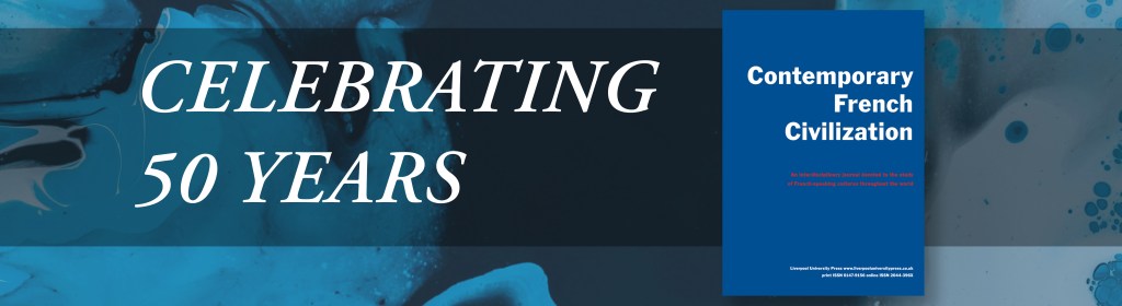 Banner image with a blue abstract background. On the left, large white text reads “CELEBRATING 50 YEARS.” On the right, the cover of the journal 'Contemporary French Civilization' is displayed, featuring a solid blue background with the title in white text.
