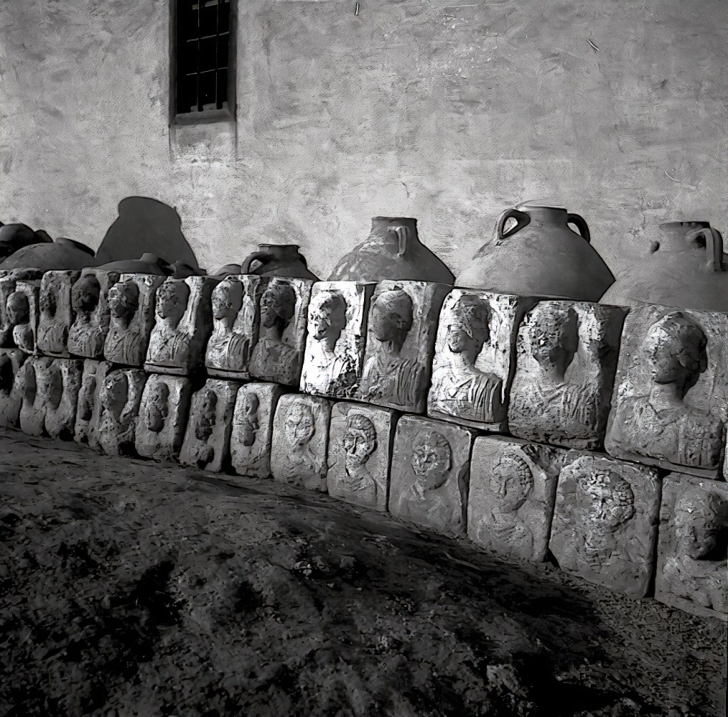 Plaster blocks with relief heads, excavated at the site of Dura-Europos, Syria.