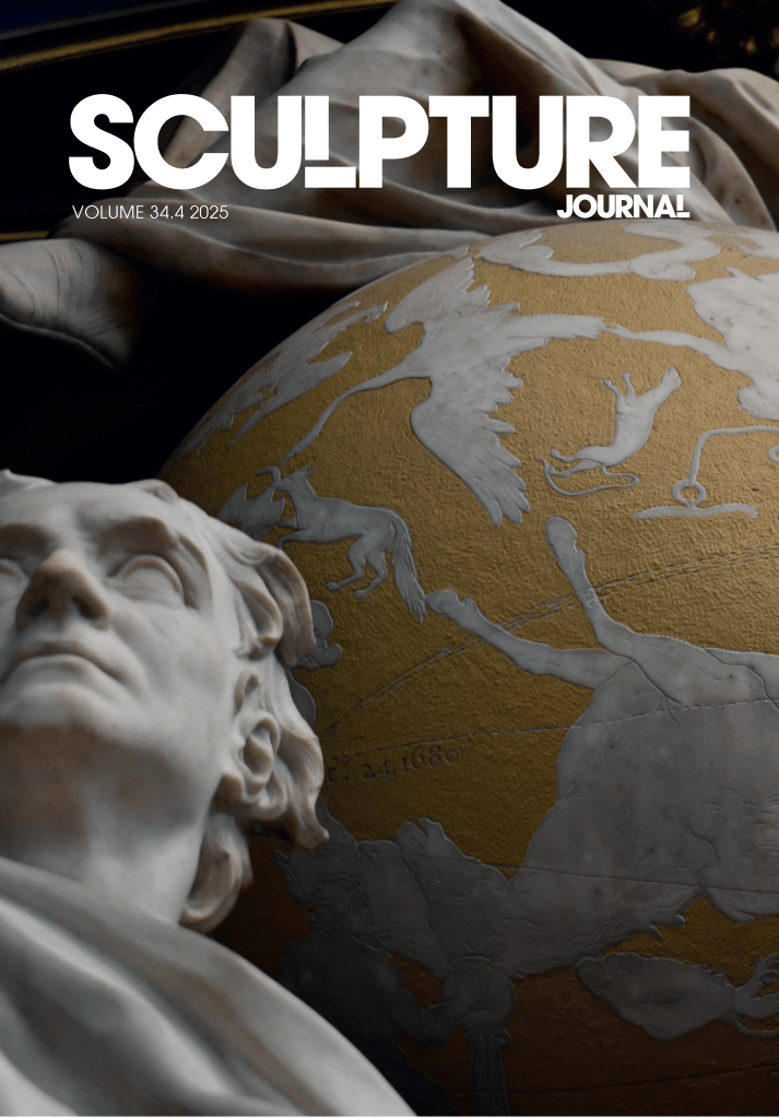 Journal cover for Sculpture Journal: A close-up photograph of the Monument to Sir Isaac Newton in Westminster Abbey, showing Newton’s marble head and shoulders in the foreground and the carved celestial globe behind him. The globe features sculpted constellations in pale relief against a gold background. The cover displays the title “Sculpture Journal, Volume 34.4 2025.” Photograph by Alastair Coughlan, courtesy of the Dean and Chapter of Westminster Abbey.