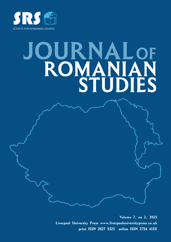 Cover of the Journal of Romanian Studies. Dark blue background with the journal title in large light blue and white text. At the top left is the Society for Romanian Studies (SRS) logo. The central image is a light blue outline map of Romania. Published by Liverpool University Press. 