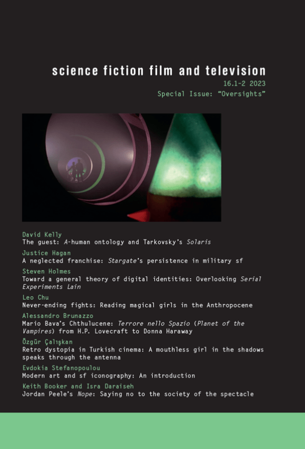 Journal cover for Science Fiction Film and Television, Volume 16, Issues 1–2 (2023), special issue ‘Oversights’. Dark background with an abstract, sci-fi image featuring circular forms and a green cone shape. A list of article titles and authors appears below the image.