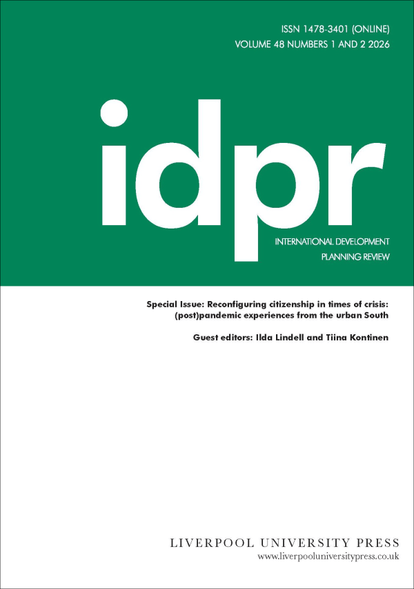 Cover of International Development Planning Review, Volume 48, Issues 1–2 (2026). Special issue titled “Reconfiguring citizenship in times of crisis: (post)pandemic experiences from the urban South,” guest edited by Ilda Lindell and Tiina Kontinen. Published by Liverpool University Press.