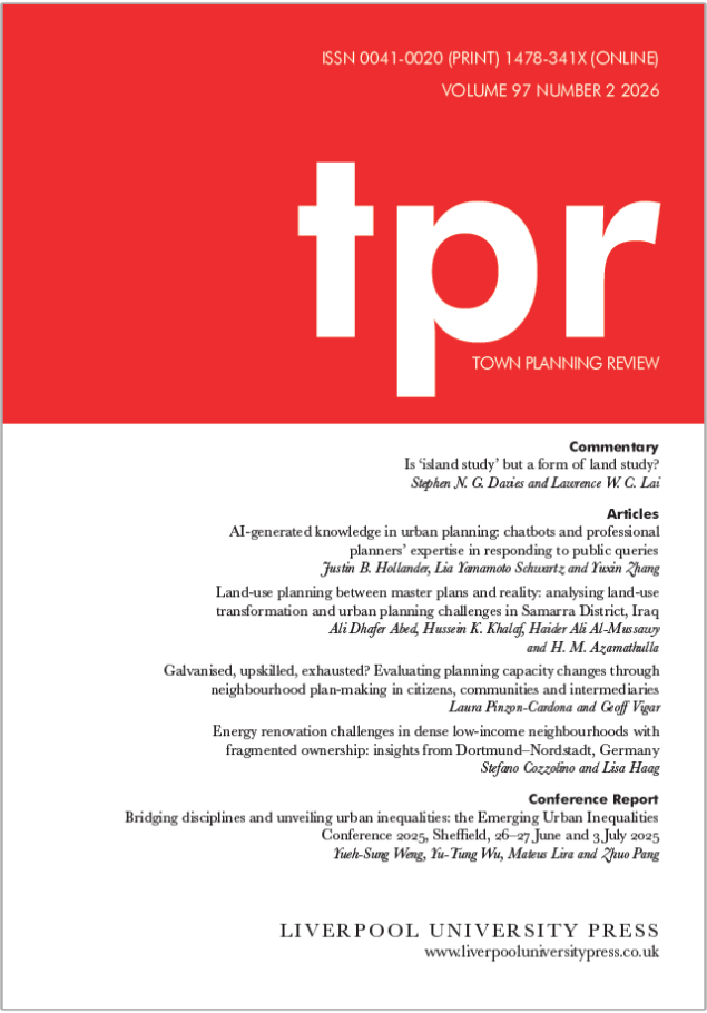 Journal cover of Town Planning Review (TPR). A bright red colour block sits in the top third of the cover with the letters 'tpr' in a lowercase white blocky font, with ‘Town Planning Review’ in a smaller white text in capital letters below. The rest of the cover is white with the table of contents in small black printed listed down the front on the right hand side. At the bottom, the publisher’s imprint reads ‘Liverpool University Press’ in small caps with the website URL underneath.
