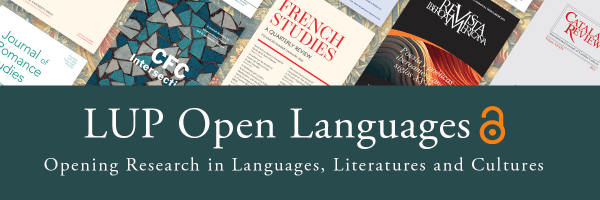 Wide banner with a strip of overlapping academic journal covers along the top. Below, on a dark teal background, large text reads “LUP Open Languages” with an orange open access padlock icon. Smaller text underneath reads “Opening Research in Languages, Literatures and Cultures.”