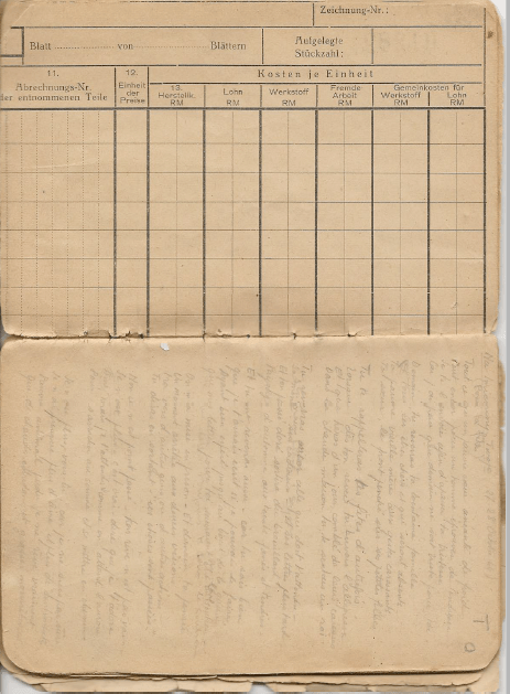 Page from the original notebook of poems written by 
Micheline Maurel in Ravensbrück. The poems were written 
on the blank side of printed camp forms.