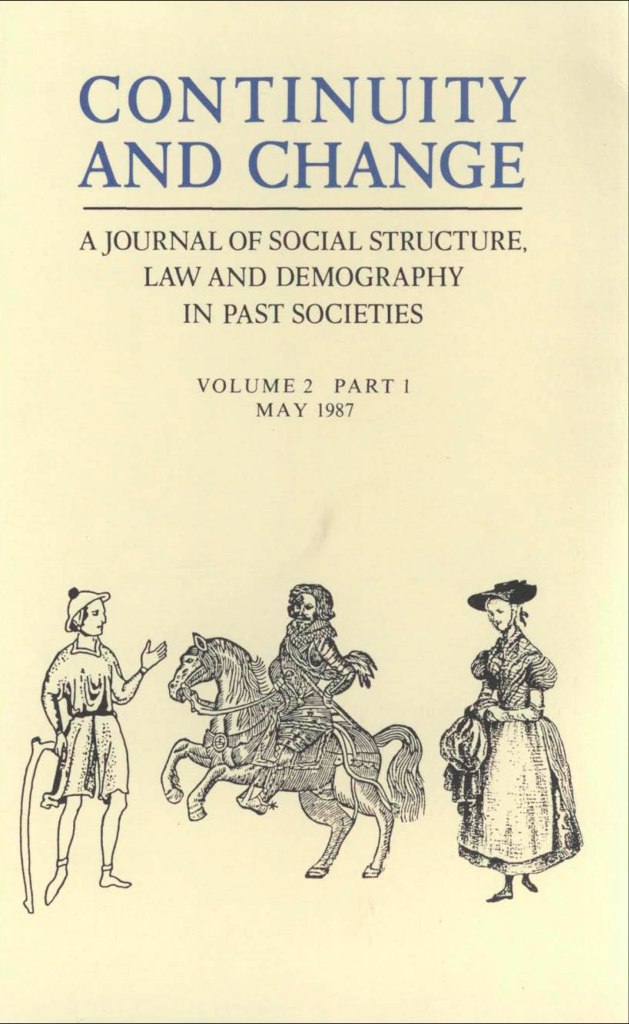 Cover of Continuity and Change, Volume 2, Part 1 (May 1987). The title appears at the top above the subtitle “A Journal of Social Structure, Law and Demography in Past Societies.” At the bottom, a black‑and‑white illustration shows three historical figures: one standing with a staff, one mounted on a horse, and one standing in period dress, arranged across the lower portion of the cover.