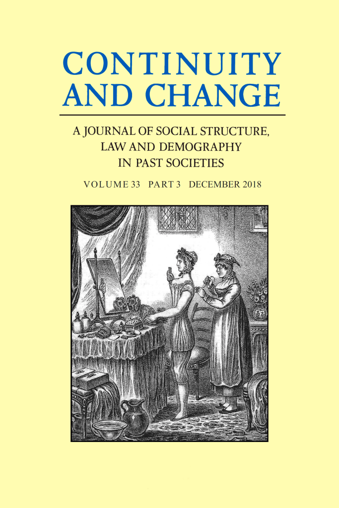 Cover of Continuity and Change, Volume 33, Part 3 (December 2018). The title appears in blue at the top above the subtitle “A Journal of Social Structure, Law and Demography in Past Societies.” Below, a black‑and‑white historical illustration shows two figures at a dressing table with a mirror, surrounded by domestic objects.