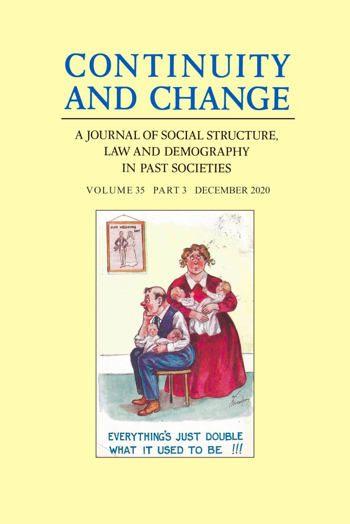 Cover of Continuity and Change, Volume 35, Part 3 (December 2020). The title appears in blue at the top above the subtitle “A Journal of Social Structure, Law and Demography in Past Societies.” The illustration shows two adults seated and standing indoors, each holding infants, with a framed picture on the wall behind them. A caption beneath the image reads “Everything’s just double what it used to be!!!”. Cambridge University Press appears at the bottom of the cover.
