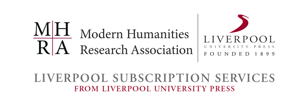 Graphic announcing a partnership between the Modern Humanities Research Association and Liverpool University Press. On the left is the MHRA logo with the text “Modern Humanities Research Association.” A vertical line separates it from the Liverpool University Press logo on the right, which includes the text “Liverpool University Press, Founded 1899.” Below, centered text reads “Liverpool Subscription Services from Liverpool University Press.”