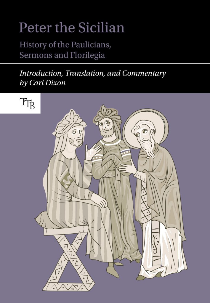 Book cover for Peter the Sicilian: History of the Paulicians, Sermons and Florilegia. A white line drawing of three figures from the Byzantine Empire on a purple background is the main cover image. The title is written in purple text on a black background at the top of the image, and below in white text: 'Introduction, translation and commentary by Carl Dixon'.