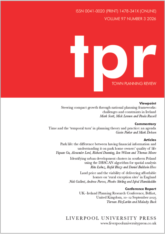 Journal cover of Town Planning Review (TPR). A bright red colour block sits in the top third of the cover with the letters 'tpr' in a lowercase white blocky font, with ‘Town Planning Review’ in a smaller white text in capital letters below. The rest of the cover is white with the table of contents in small black printed listed down the front on the right hand side. At the bottom, the publisher’s imprint reads ‘Liverpool University Press’ in small caps with the website URL underneath.