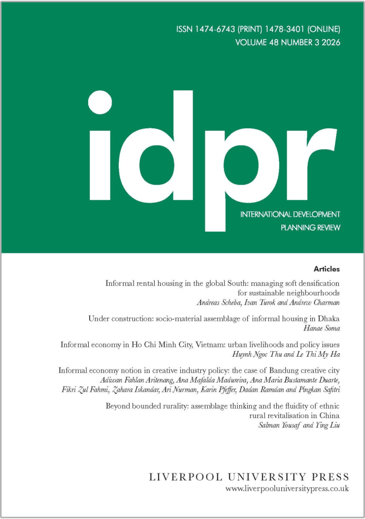 Cover of International Development Planning Review (IDPR). The upper half is solid green with the large, bold, lowercase sans serif letters ‘idpr’ in white at the centre, and the subtitle ‘International Development Planning Review’ in smaller white text below. ISSN numbers and issue details appear in white at the top. The lower half of the cover is white with the table of contents in black text. At the bottom, the publisher’s imprint reads ‘Liverpool University Press’ with the website URL in small caps. 