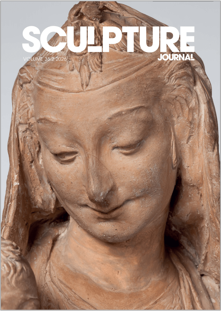 Journal cover featuring a close-up of a terracotta sculpture attributed to Antonio Rossellino, The Virgin with the Laughing Child (1460–75). The image shows the head and upper torso of the Virgin, with downcast eyes, softly modelled facial features, and long, wavy hair framing the face. The warm, earthy surface of the terracotta displays visible tool marks and subtle variations in tone. Overlaid in large white capital letters across the upper portion is the title “SCULPTURE JOURNAL,” with smaller text reading “VOLUME 35.2 2026.”