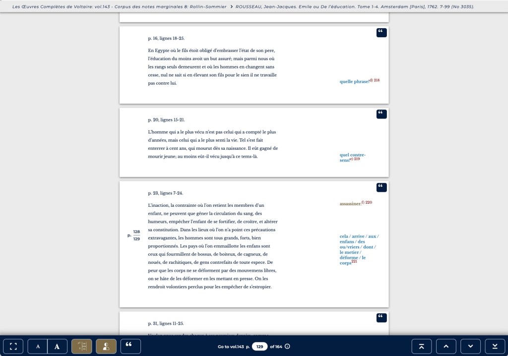 Screenshot of the new marginalia content in Oxford University Voltaire, showing Voltaire's annotations on Rousseau's Émile, ou De l'éducation (1762) presented in three white text boxes.